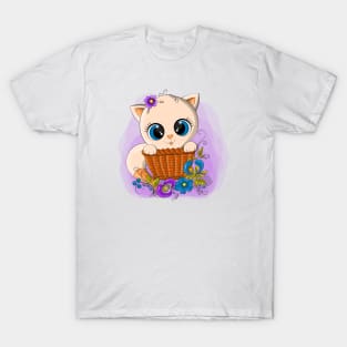 Funny beige cat in a wicker basket T-Shirt